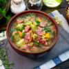 Гороховый суп с колбасой и маринованными огурцами фото